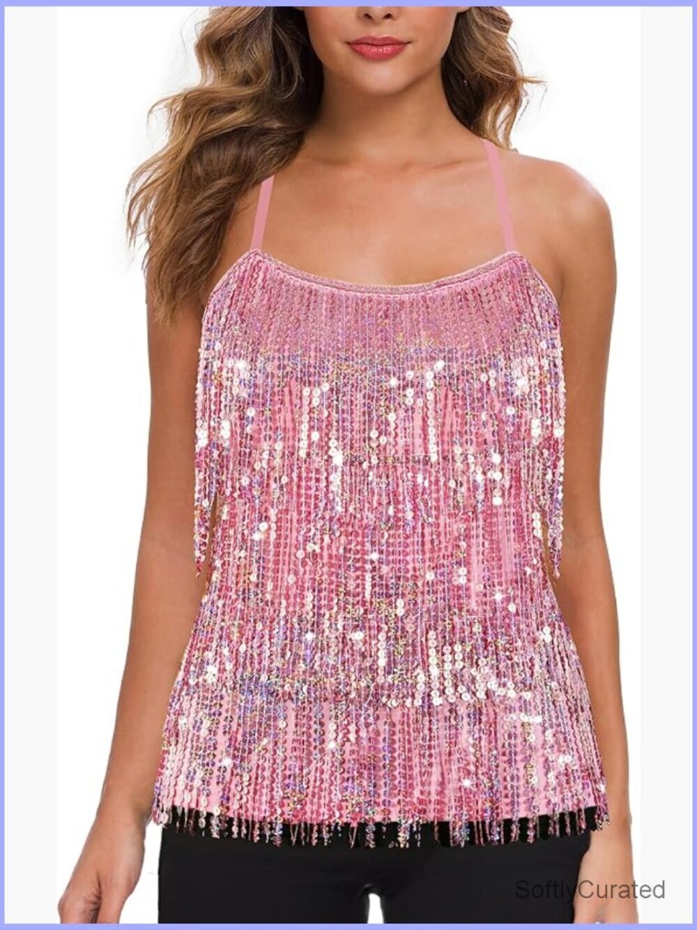 Sequin Fringe Party Tank Top Tassel Trim Cami Sleeveless Scoop Neck